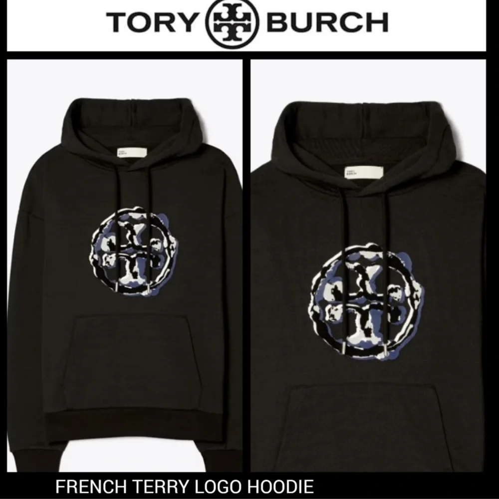 TORY BURCH FRENCH TERRY BLACK LONG SLEEVE LOGO HOODIE PULLOVER SWEATSHIRT XL